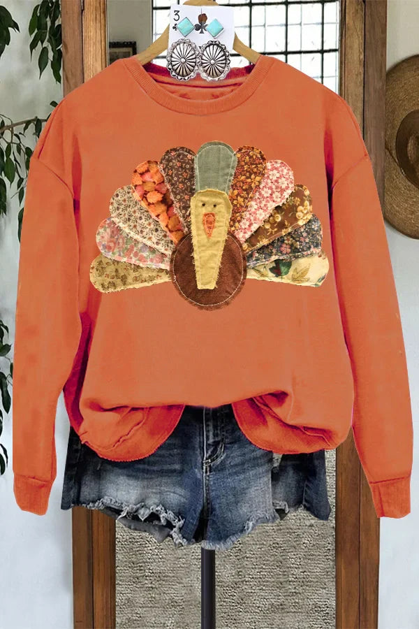 Festive Pullover Sweatshirts- Orange Thanksgiving Turkey Print Patch Pullover- Coral Gold- IndioGear.com