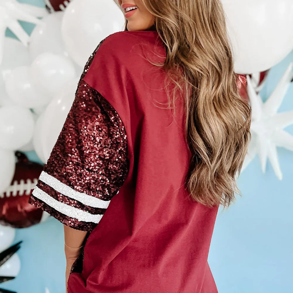 Festive Tee Pullovers- Festive & Holiday Glam Sequin Football & Christmas Tee- - IndioGear.com