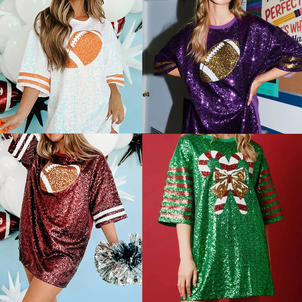 Festive Tee Pullovers- Festive & Holiday Glam Sequin Football & Christmas Tee- - IndioGear.com