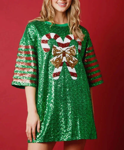 Festive Tee Pullovers- Festive & Holiday Glam Sequin Football & Christmas Tee- Green- IndioGear.com