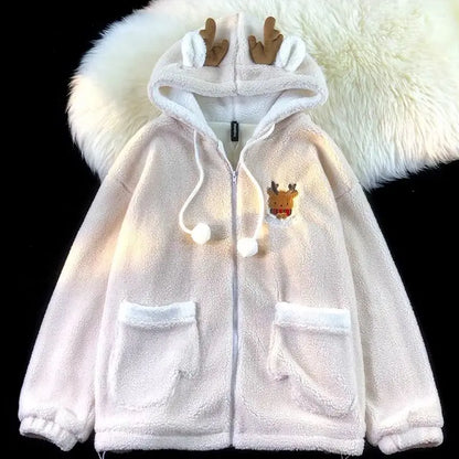 Festive Zip Up Hoodies- Unisex Reindeer Fleece Hoodie with Fun Antler Hood- Beige- IndioGear.com