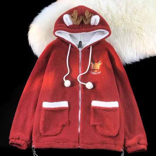 Festive Zip Up Hoodies- Unisex Reindeer Fleece Hoodie with Fun Antler Hood- Red- IndioGear.com