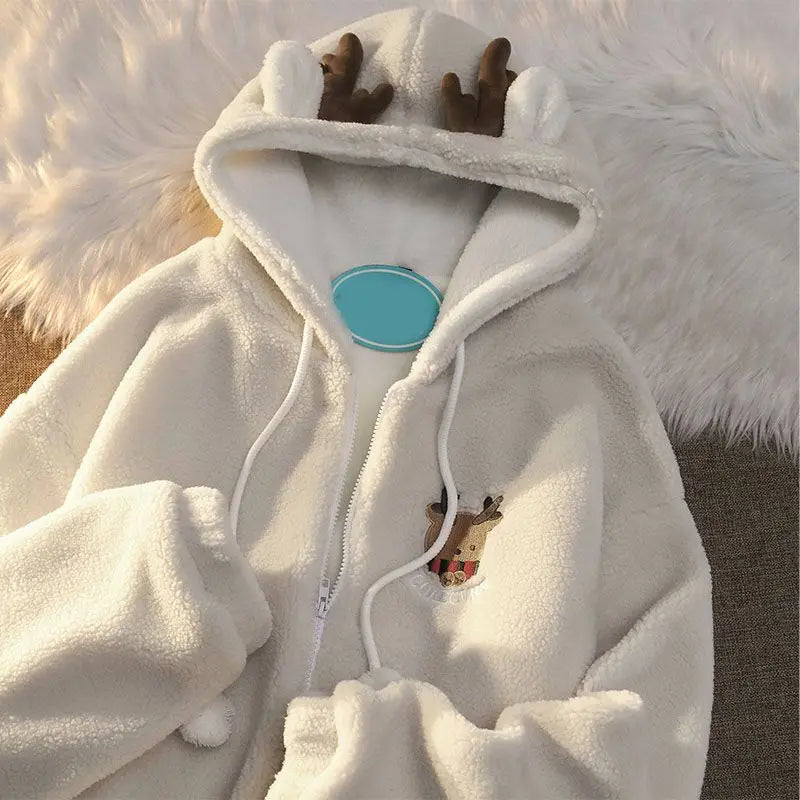 Festive Zip Up Hoodies- Unisex Reindeer Fleece Hoodie with Fun Antler Hood- - IndioGear.com