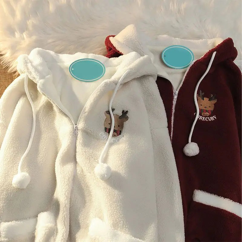 Festive Zip Up Hoodies- Unisex Reindeer Fleece Hoodie with Fun Antler Hood- - IndioGear.com