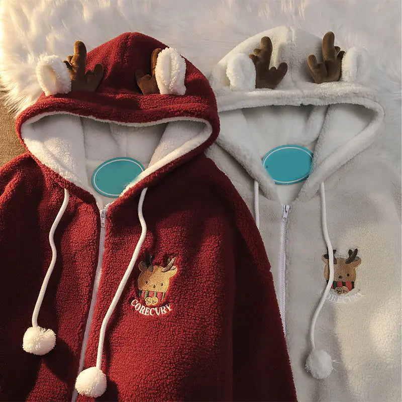 Festive Zip Up Hoodies- Unisex Reindeer Fleece Hoodie with Fun Antler Hood- - IndioGear.com