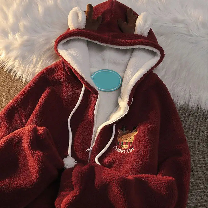 Festive Zip Up Hoodies- Unisex Reindeer Fleece Hoodie with Fun Antler Hood- - IndioGear.com