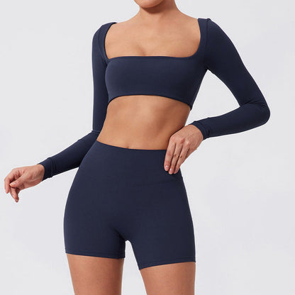 Fitness Sports Suits- Seamless Stretch Fitness Matching Set for Indoors & Outdoors- Navy Blue- IndioGear Women Clothing