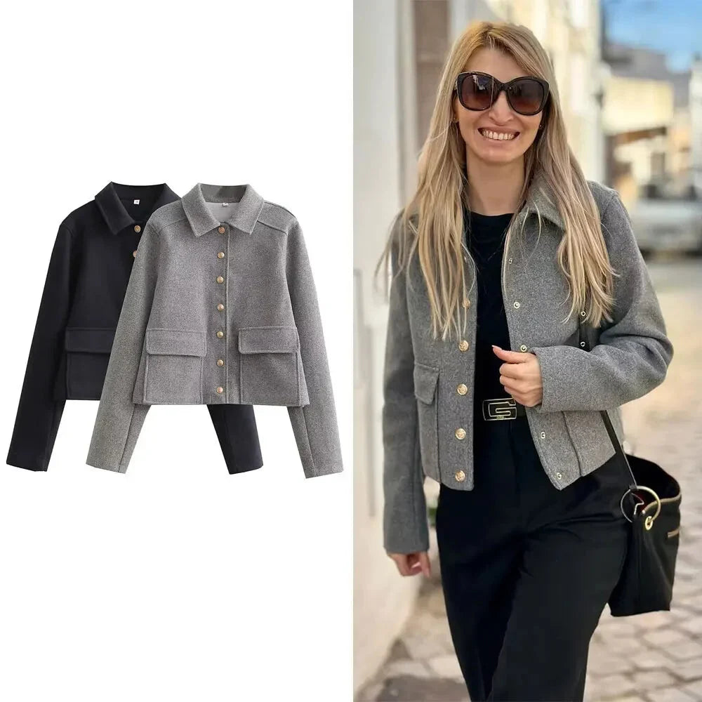 Flap Jackets- Fall Essential Cropped Wool-Blend Jacket- - Chuzko Women Clothing