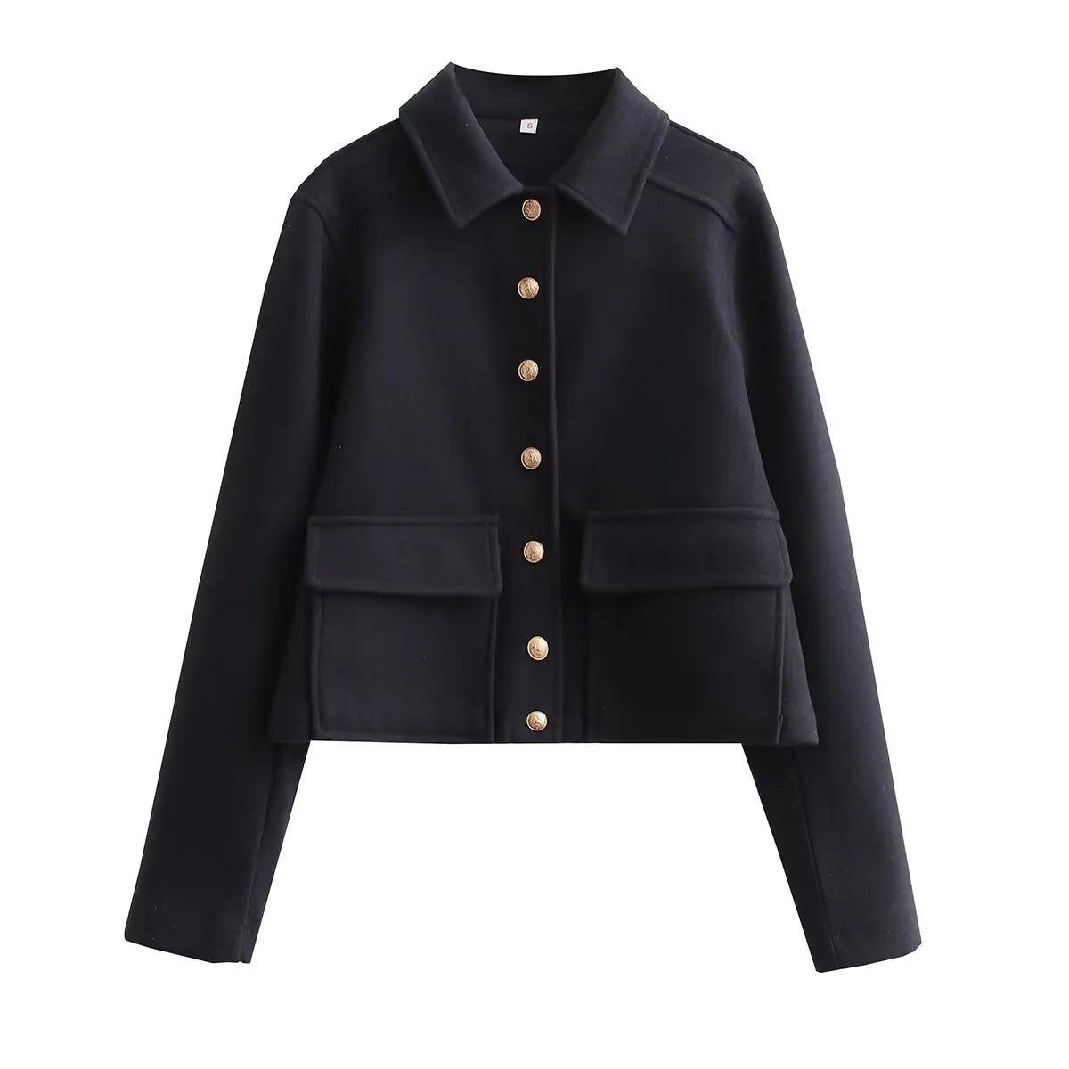 Flap Jackets- Fall Essential Cropped Wool-Blend Jacket- Navy Blue- Chuzko Women Clothing