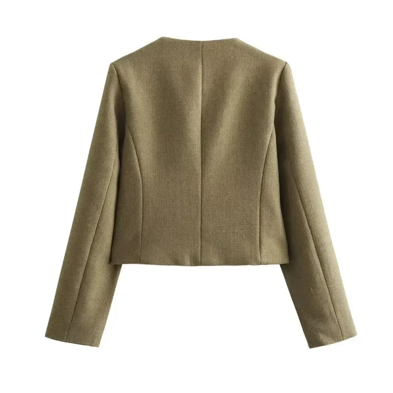 Women Boxed Fit Flap Jacket with Gold Buttons