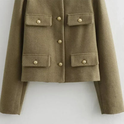 Women Boxed Fit Flap Jacket with Gold Buttons