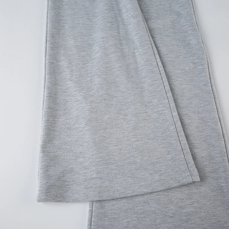 Flared Leggings- Gray Flared Leggings Trendy Low-Rise Ribbon Pants- - IndioGear Women Clothing