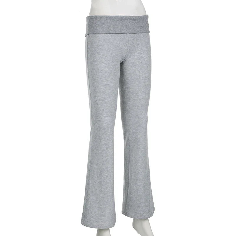 Flared Leggings- Gray Flared Leggings Trendy Low-Rise Ribbon Pants- - IndioGear Women Clothing