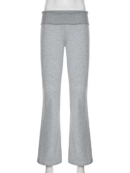 Flared Leggings- Gray Flared Leggings Trendy Low-Rise Ribbon Pants- - IndioGear Women Clothing