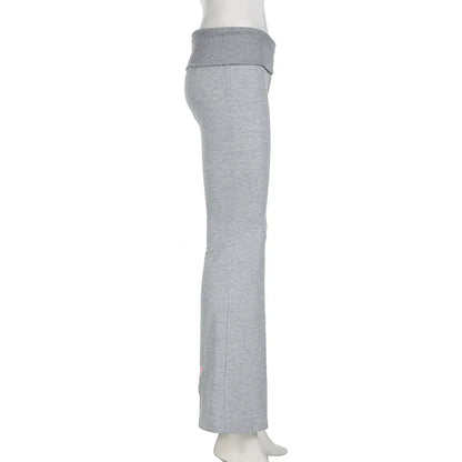 Flared Leggings- Gray Flared Leggings Trendy Low-Rise Ribbon Pants- - IndioGear Women Clothing