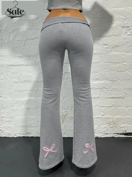 Flared Leggings- Gray Flared Leggings Trendy Low-Rise Ribbon Pants- Gray- IndioGear Women Clothing