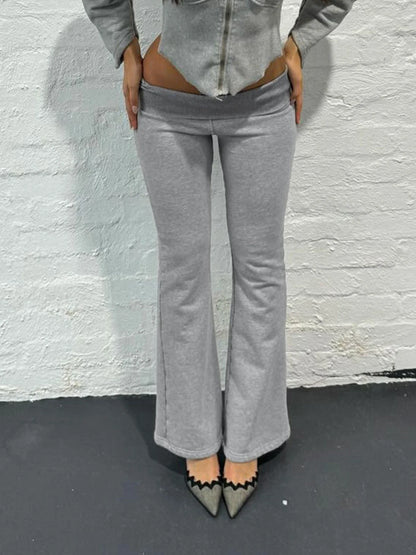 Flared Leggings- Gray Flared Leggings Trendy Low-Rise Ribbon Pants- - IndioGear Women Clothing