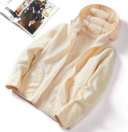 Fleece Hoodies- Dual Fleece Hoodie Unisex Reversible Jacket- Women Beige- IndioGear Women Clothing