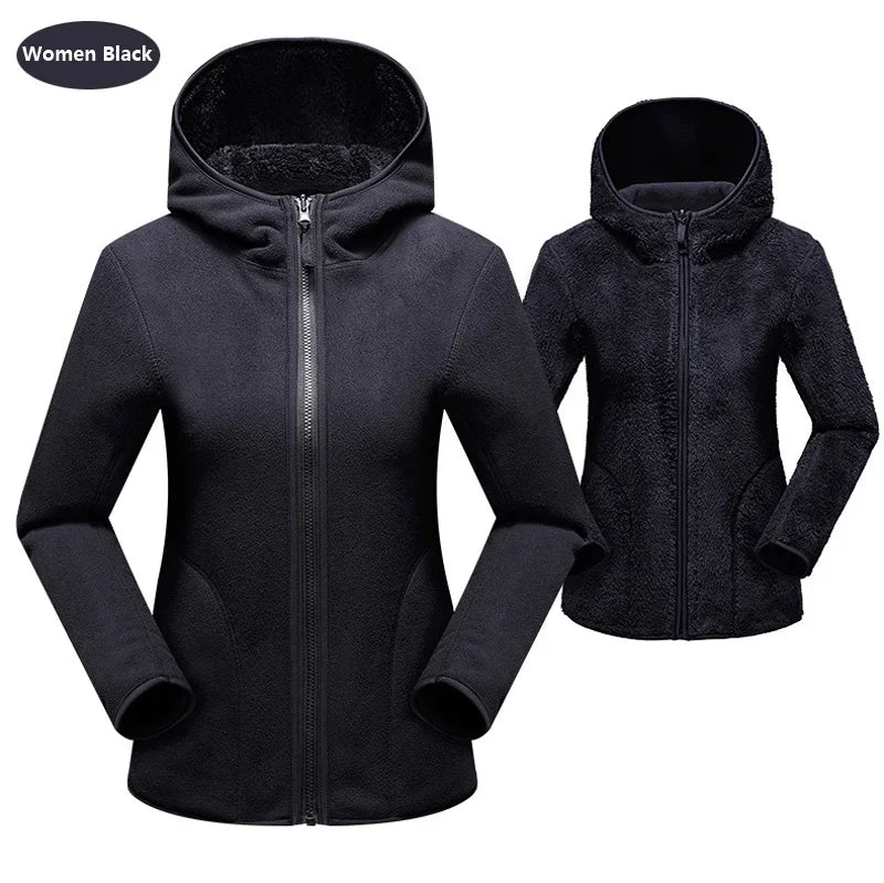 Fleece Hoodies- Dual Fleece Hoodie Unisex Reversible Jacket- women black-Grey- IndioGear Women Clothing