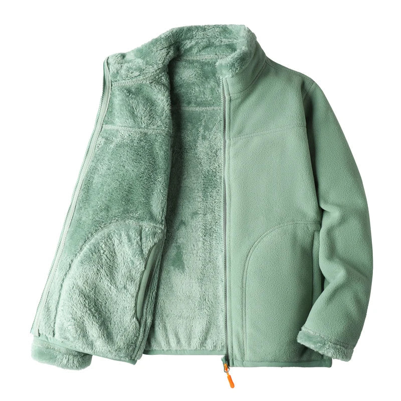 Fleece Jackets- Fleece Lined Jacket Plush Polar Dual-sided Outerwear- army green- IndioGear Women Clothing