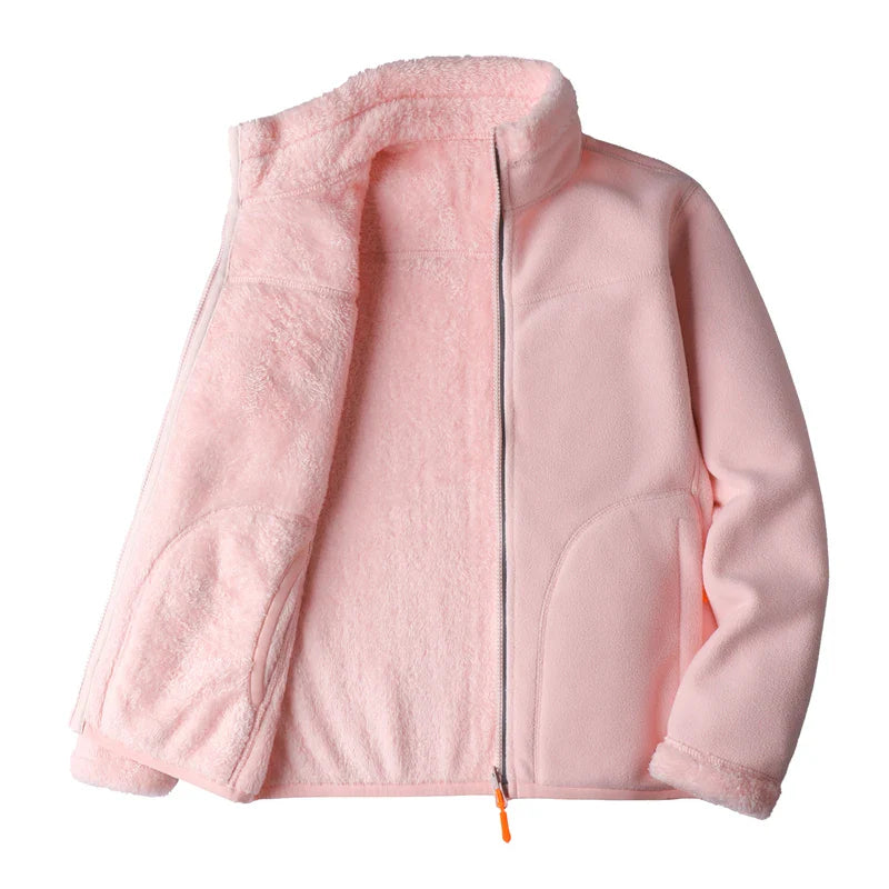 Fleece Jackets- Fleece Lined Jacket Plush Polar Dual-sided Outerwear- Pink- IndioGear Women Clothing