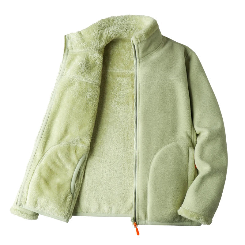 Fleece Jackets- Fleece Lined Jacket Plush Polar Dual-sided Outerwear- Yellow- IndioGear Women Clothing