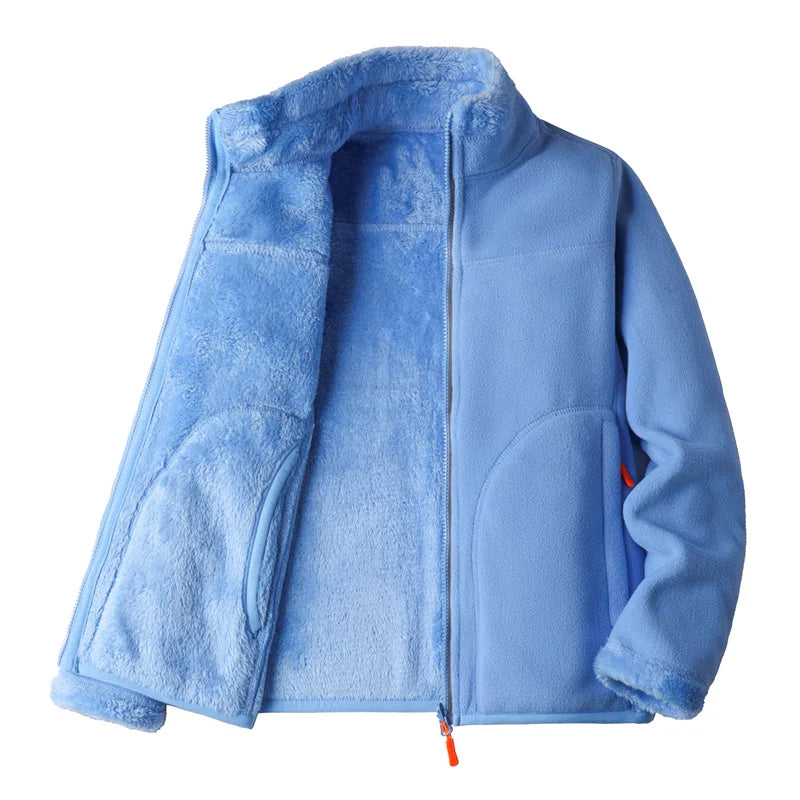 Fleece Jackets- Fleece Lined Jacket Plush Polar Dual-sided Outerwear- Sky Blue- IndioGear Women Clothing