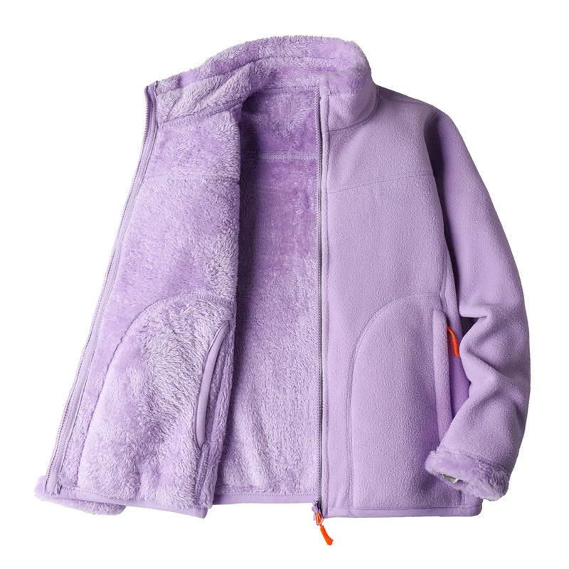 Fleece Jackets- Fleece Lined Jacket Plush Polar Dual-sided Outerwear- Purple- IndioGear Women Clothing