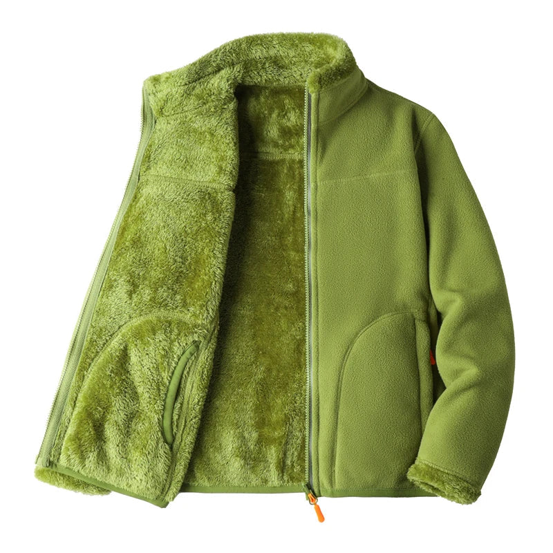 Fleece Jackets- Fleece Lined Jacket Plush Polar Dual-sided Outerwear- green- IndioGear Women Clothing