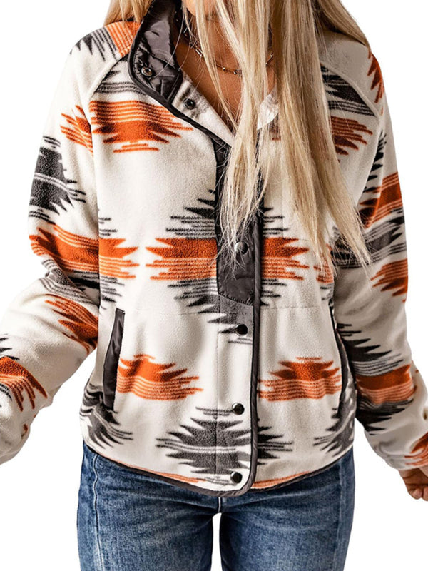 Fleece Jackets- Native-Inspired Outerwear Tribal Print Fleece Jacket- - IndioGear Women Clothing