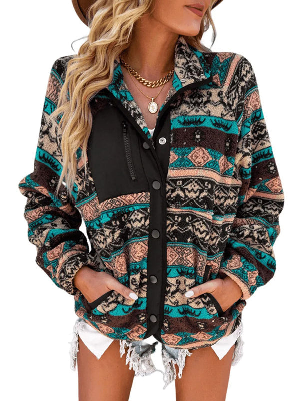 Fleece Jackets- Native-Inspired Outerwear Tribal Print Fleece Jacket- - IndioGear Women Clothing