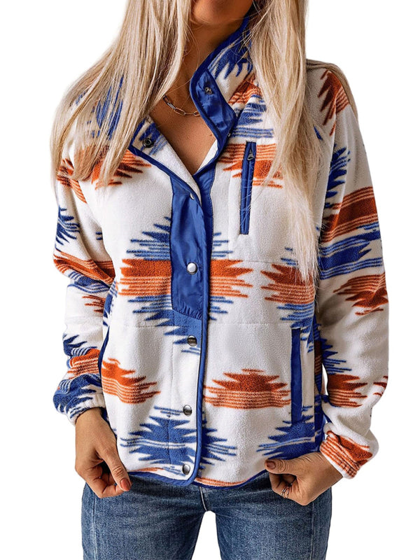 Fleece Jackets- Native-Inspired Outerwear Tribal Print Fleece Jacket- - IndioGear Women Clothing