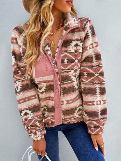 Fleece Jackets- Native-Inspired Outerwear Tribal Print Fleece Jacket- - IndioGear Women Clothing