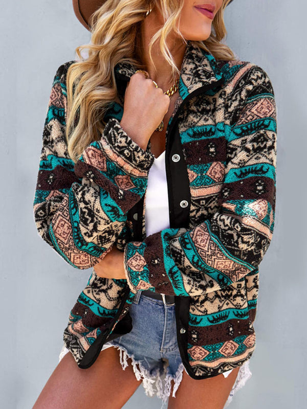 Fleece Jackets- Native-Inspired Outerwear Tribal Print Fleece Jacket- - IndioGear Women Clothing