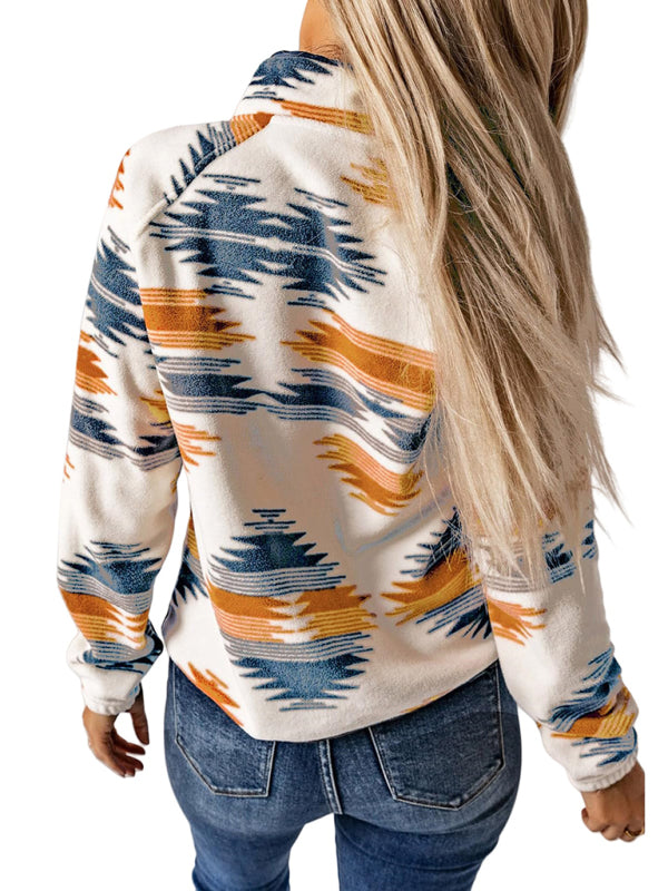 Fleece Jackets- Native-Inspired Outerwear Tribal Print Fleece Jacket- - IndioGear Women Clothing