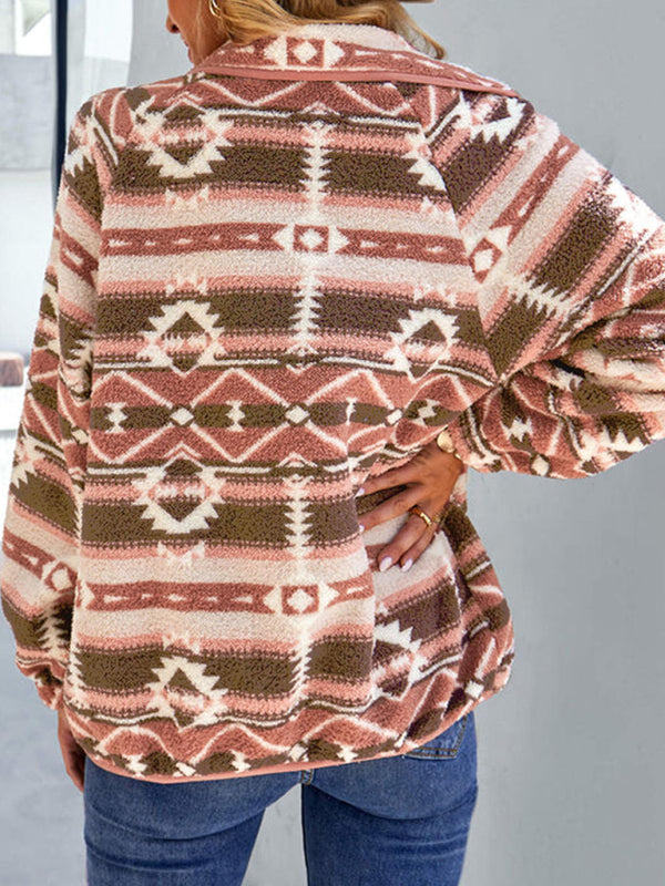 Fleece Jackets- Native-Inspired Outerwear Tribal Print Fleece Jacket- - IndioGear Women Clothing