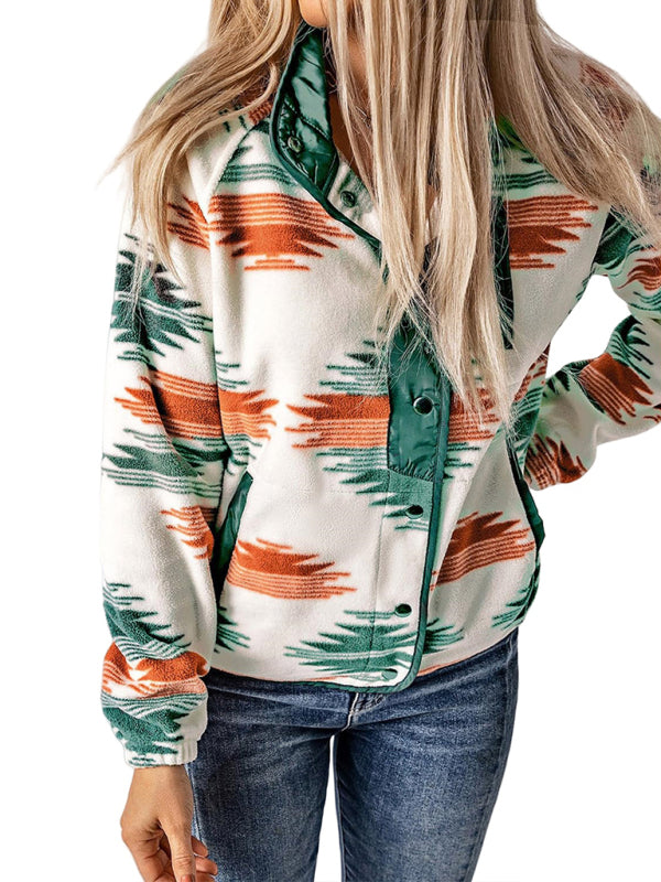 Fleece Jackets- Native-Inspired Outerwear Tribal Print Fleece Jacket- - IndioGear Women Clothing