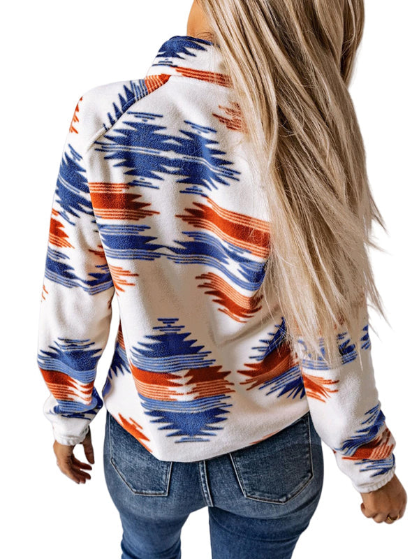 Fleece Jackets- Native-Inspired Outerwear Tribal Print Fleece Jacket- - IndioGear Women Clothing