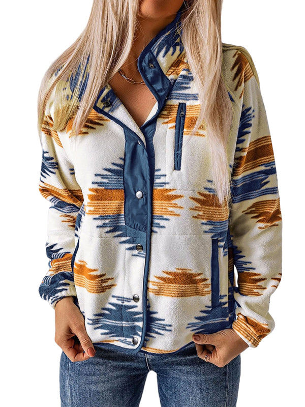 Fleece Jackets- Native-Inspired Outerwear Tribal Print Fleece Jacket- - IndioGear Women Clothing