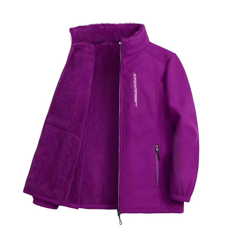 Fleece Jackets- Winter Polar Fleece Jacket Plush Zip-Up Outwear- Purple- IndioGear Women Clothing