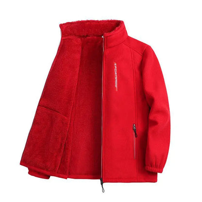 Fleece Jackets- Winter Polar Fleece Jacket Plush Zip-Up Outwear- Red- IndioGear Women Clothing