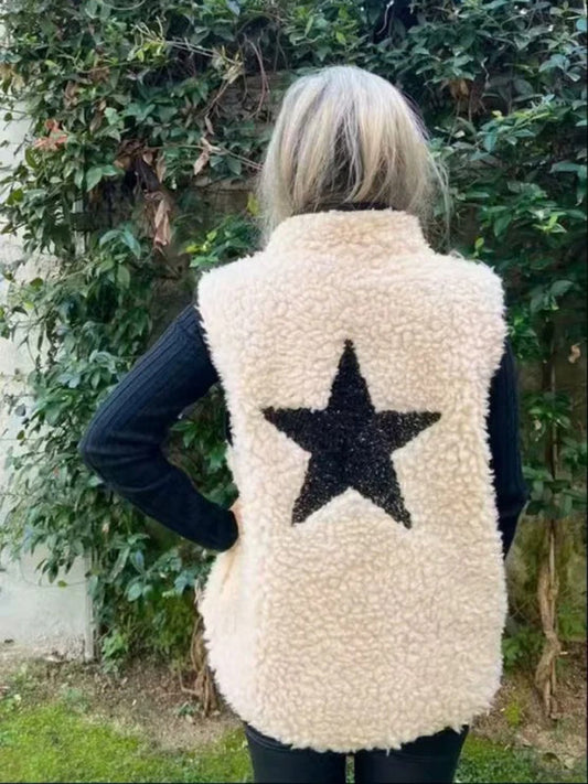 Fleece Vests- Star-Back Fleece Vest Cream Waistcoat- - IndioGear Women Clothing