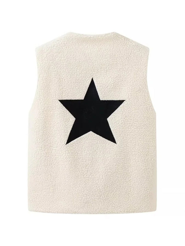 Fleece Vests- Star-Back Fleece Vest Cream Waistcoat- - IndioGear Women Clothing