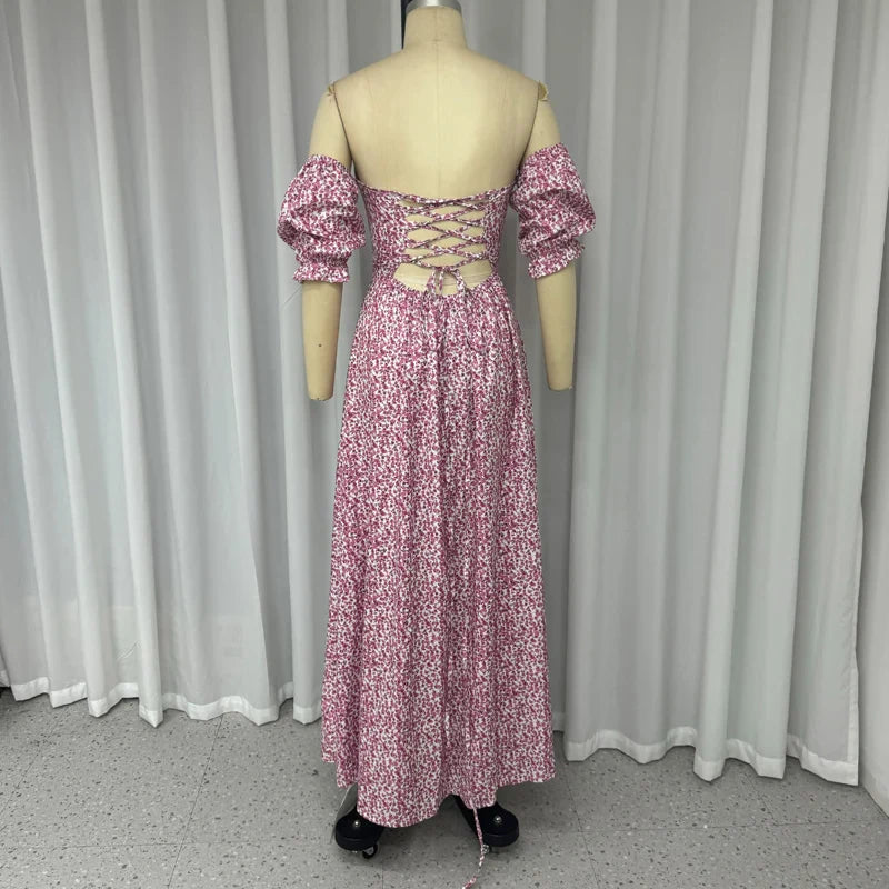 Floral Dresses- Boho Floral Off-Shoulder Lace-Up Back Dress for Spring Weddings- - IndioGear.com