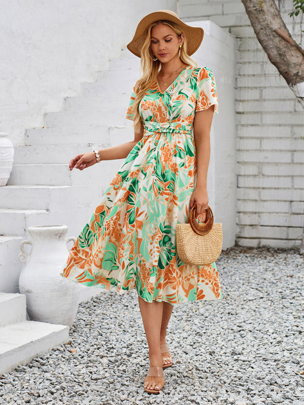 Floral Dresses- Boho Women's Floral Print Midi Dress with Smocked Waistband- - IndioGear Fashion and Gear