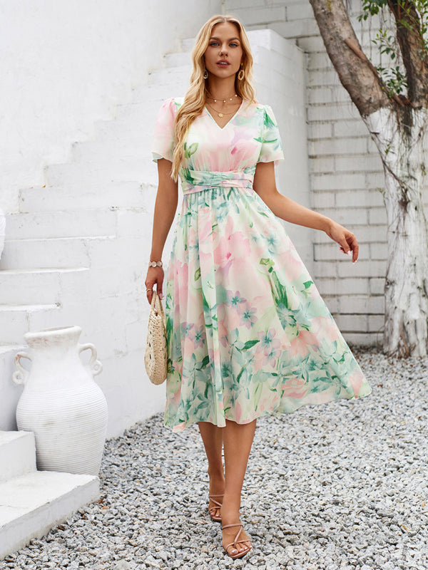 Floral Dresses- Boho Women's Floral Print Midi Dress with Smocked Waistband- - IndioGear Fashion and Gear