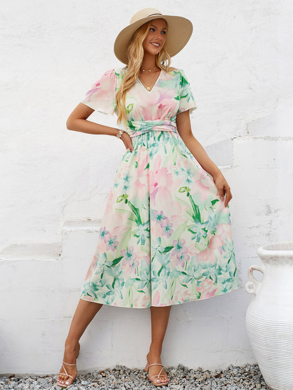 Floral Dresses- Boho Women's Floral Print Midi Dress with Smocked Waistband- - IndioGear Fashion and Gear