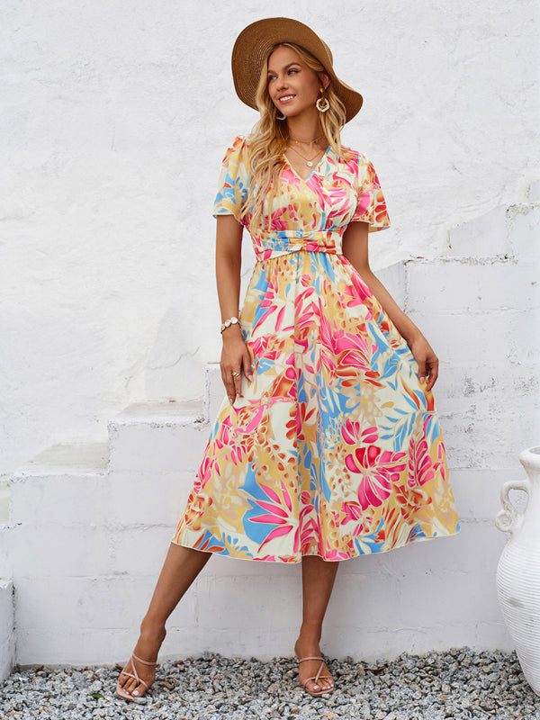 Floral Dresses- Boho Women's Floral Print Midi Dress with Smocked Waistband- - IndioGear Fashion and Gear