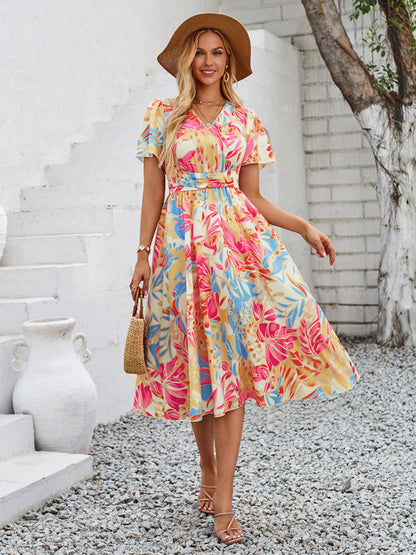 Floral Dresses- Boho Women's Floral Print Midi Dress with Smocked Waistband- - IndioGear Fashion and Gear