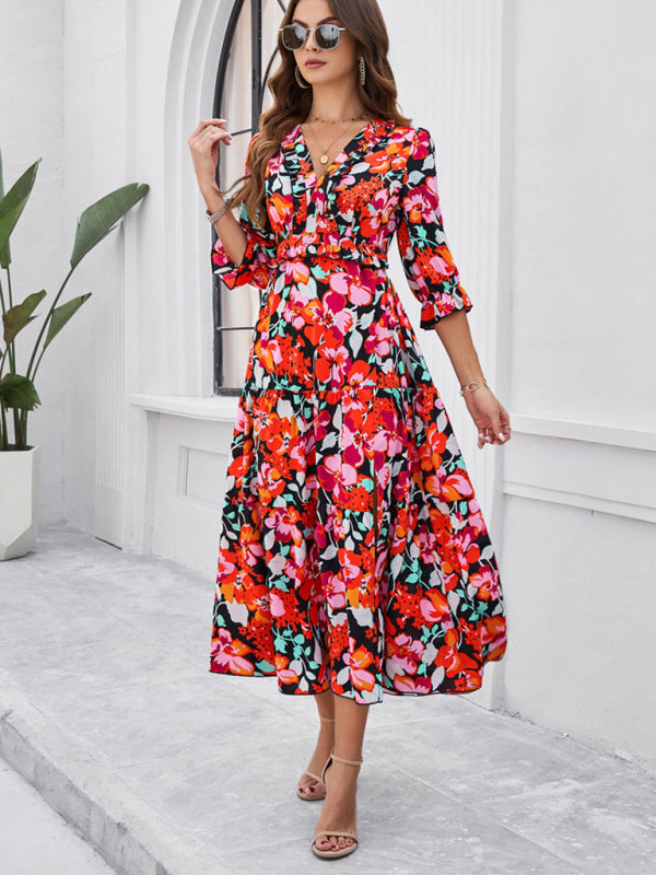 Floral Dresses- Cocktail Attire V-Neck Floral Dress with 3/4 Sleeves and Slit- - IndioGear Fashion and Gear